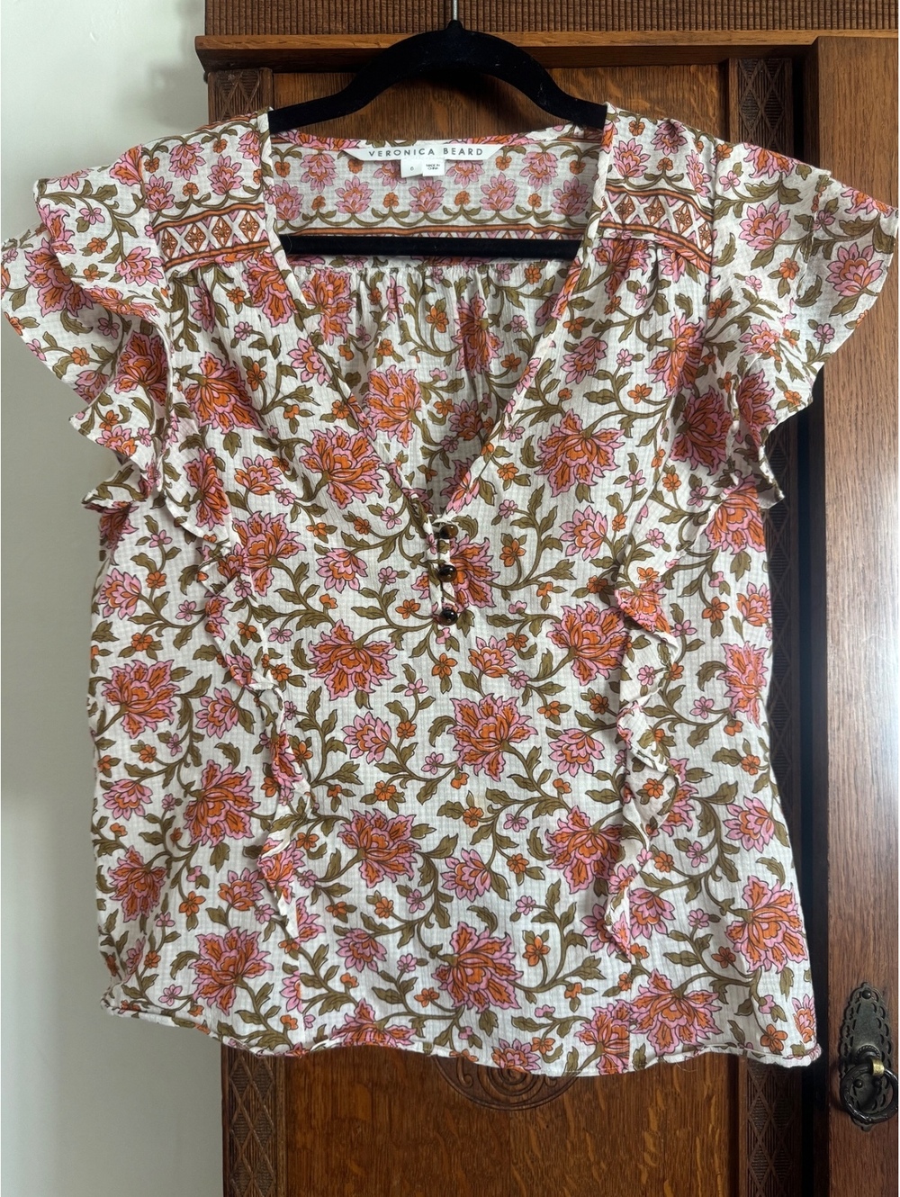 Veronica Beard Boho Floral Print Ruffle Flutter Sleeve Top Size 6